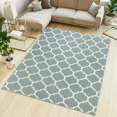Dusty Blue & White Moroccan Trellis Rug - Soft Modern Living Room & Bedroom Carpet