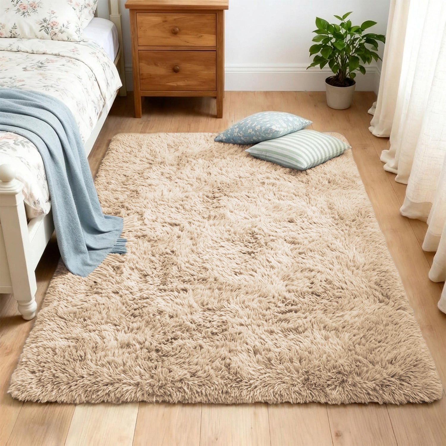 Beige Fluffy Shaggy Rug Carpet - Large Soft Rug