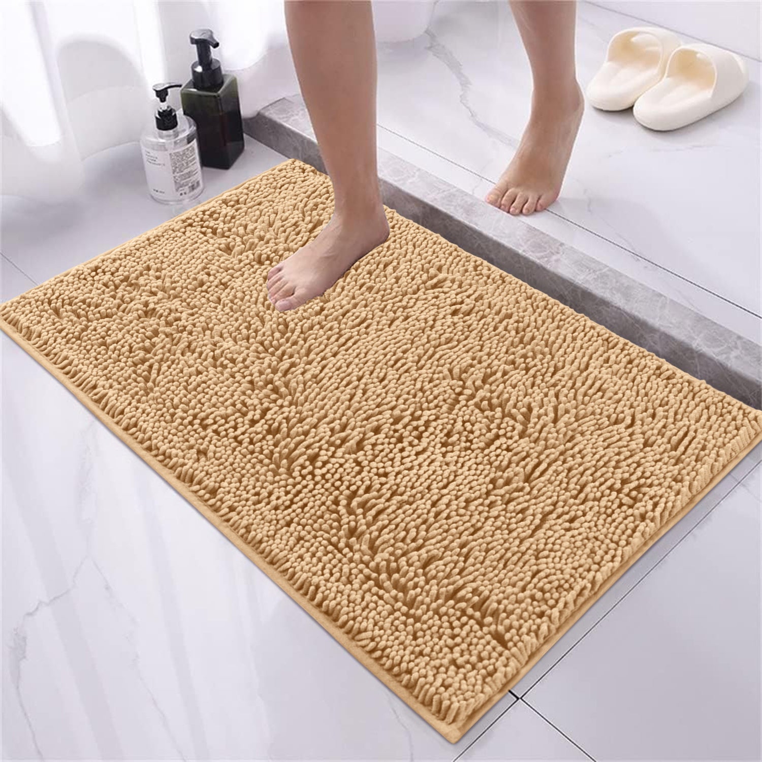 Soft Chenille Bath Mat Thick Absorbent Beige