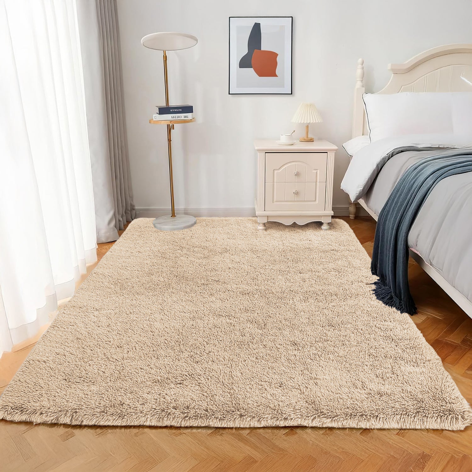 Beige Fluffy Shaggy Rug Carpet - Large Soft Rug