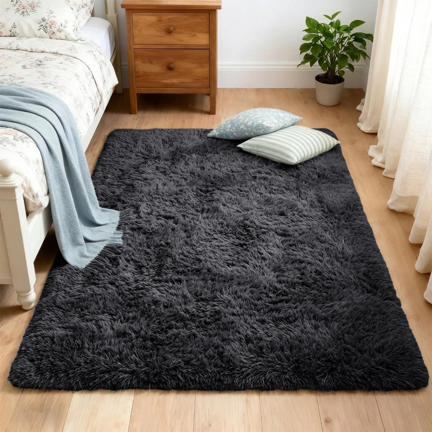 Black Shaggy Fluffy Rug Carpet - Modern Living Room Rug