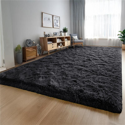 Black Shaggy Fluffy Rug Carpet - Modern Living Room Rug