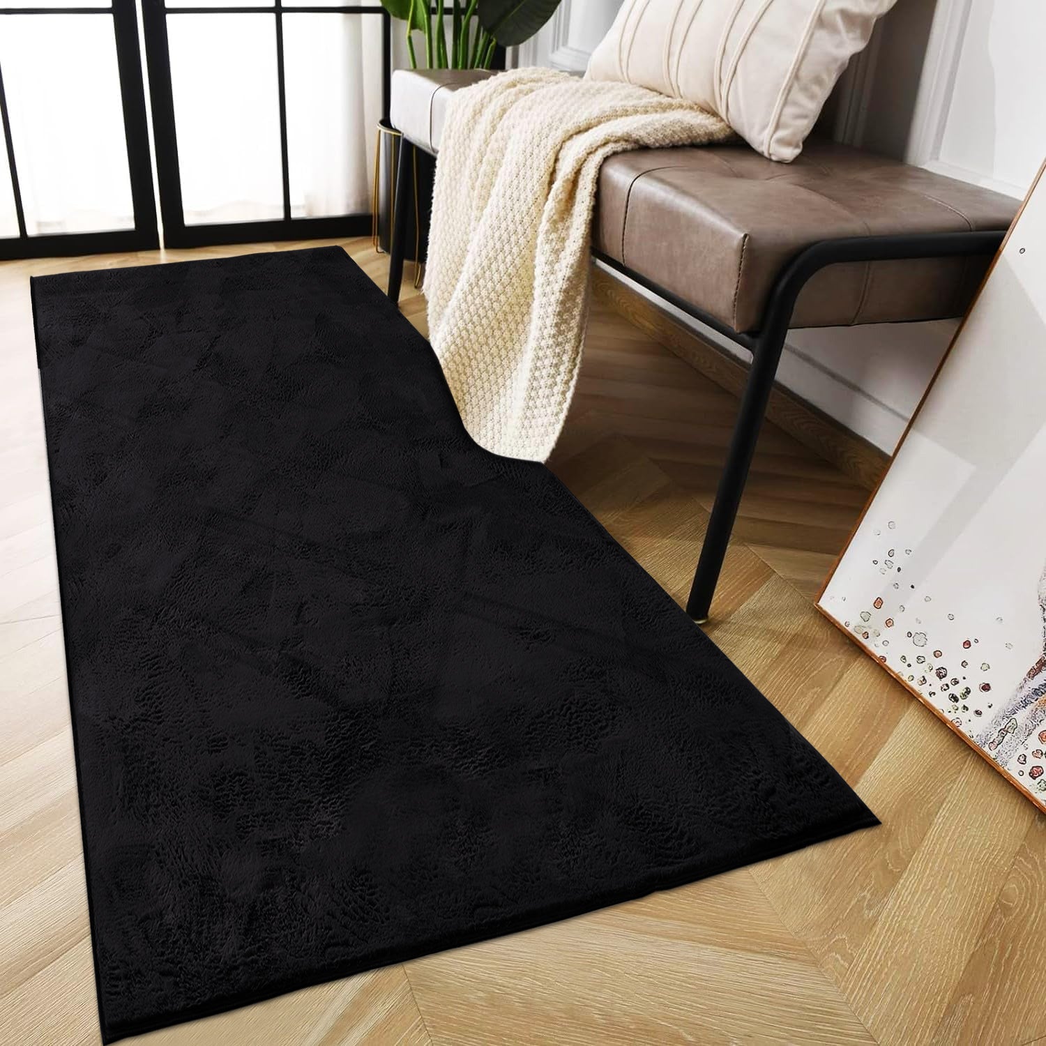 Black Rabbit Faux Fur Rug Fluffy Plush Bedroom Runner