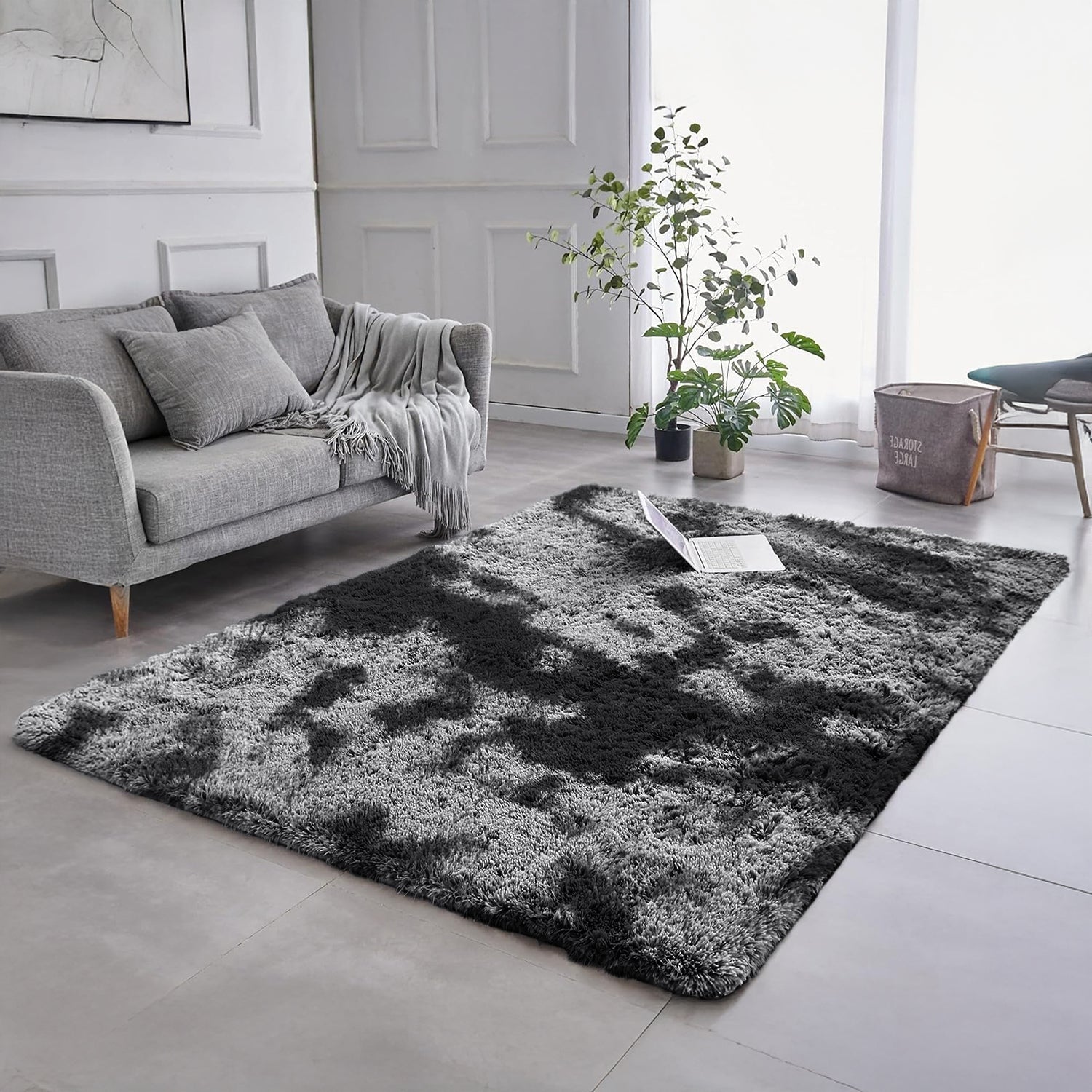 Fluffy Shaggy Rug Grey Tie Dye