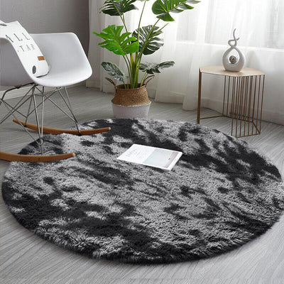 Grey Tie-Dye Round Fluffy Rug Carpet - Soft Shag Circle Rug
