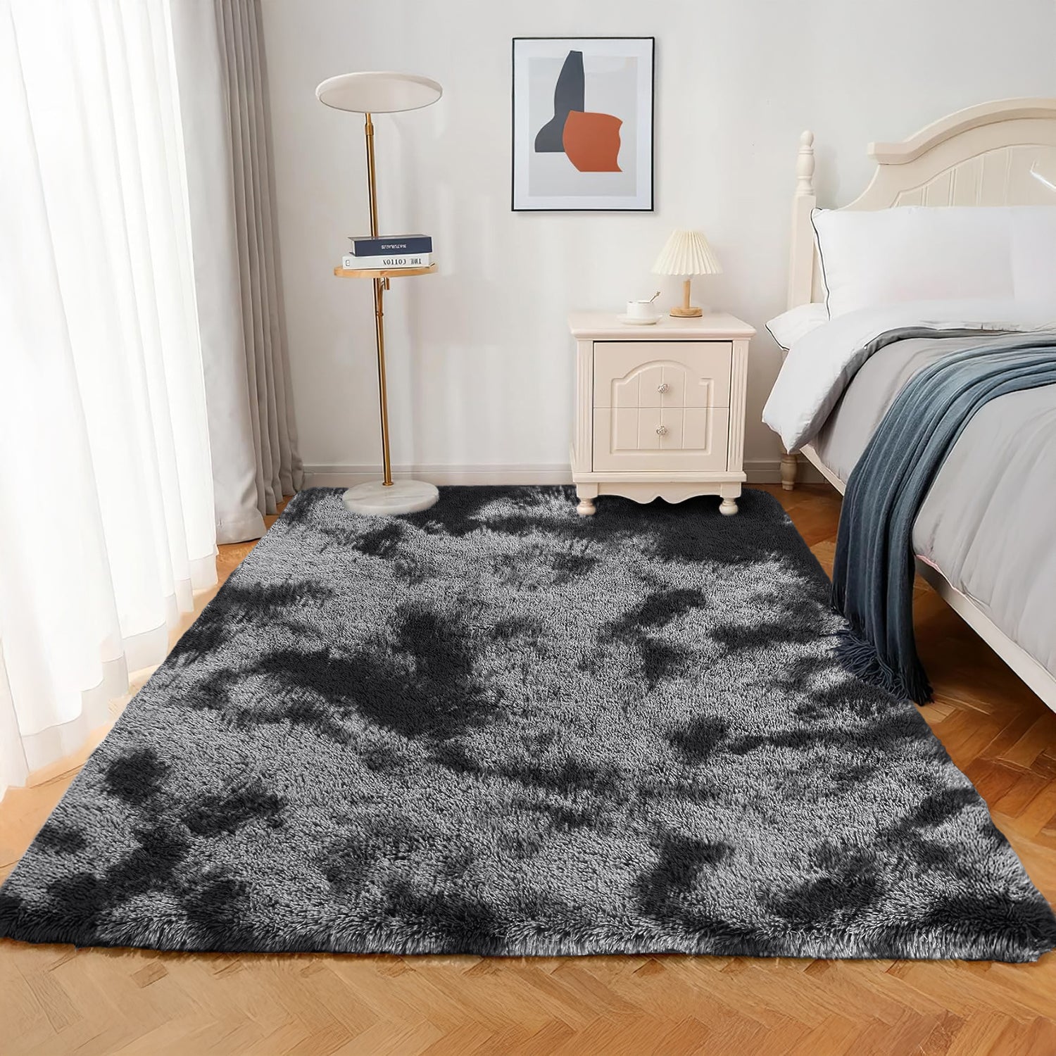 Fluffy Shaggy Rug Grey Tie Dye
