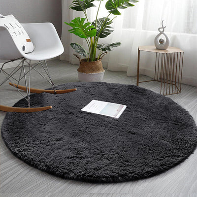 Black Round Shag Rug - Soft Fluffy Circle Carpet