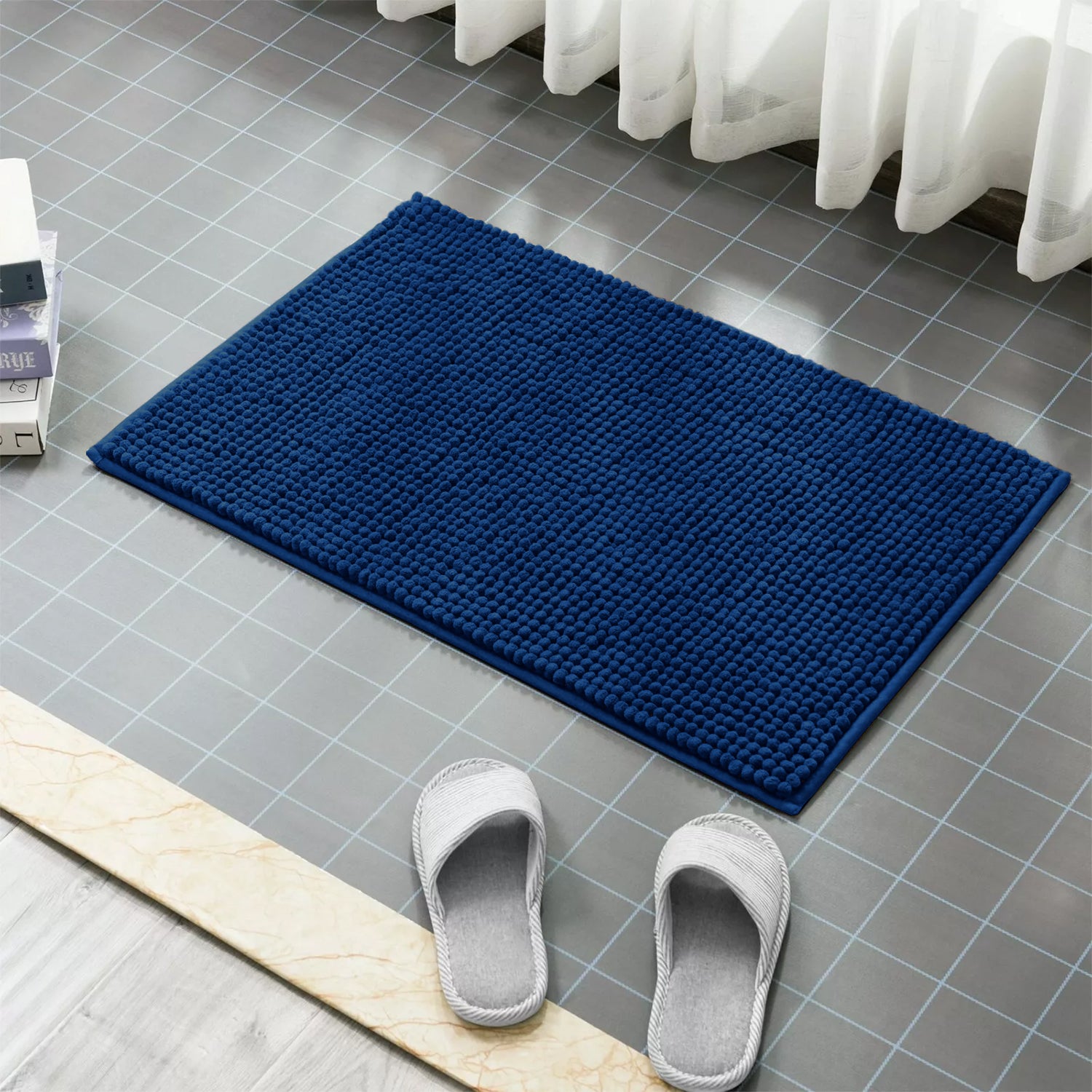 Soft Chenille Bath Mat Thick Absorbent Navy