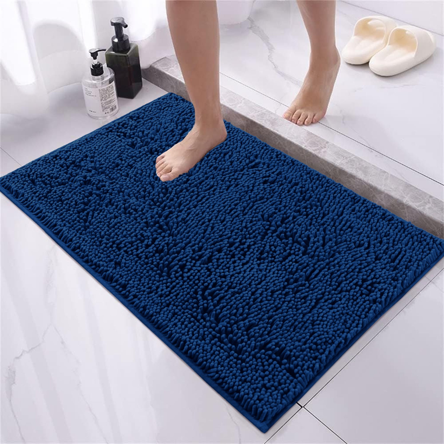 Soft Chenille Bath Mat Thick Absorbent Navy