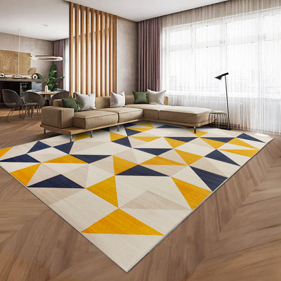 Navy , Ochre & Cream Geometric Triangle Rug - Modern Dining & Hallway Carpet