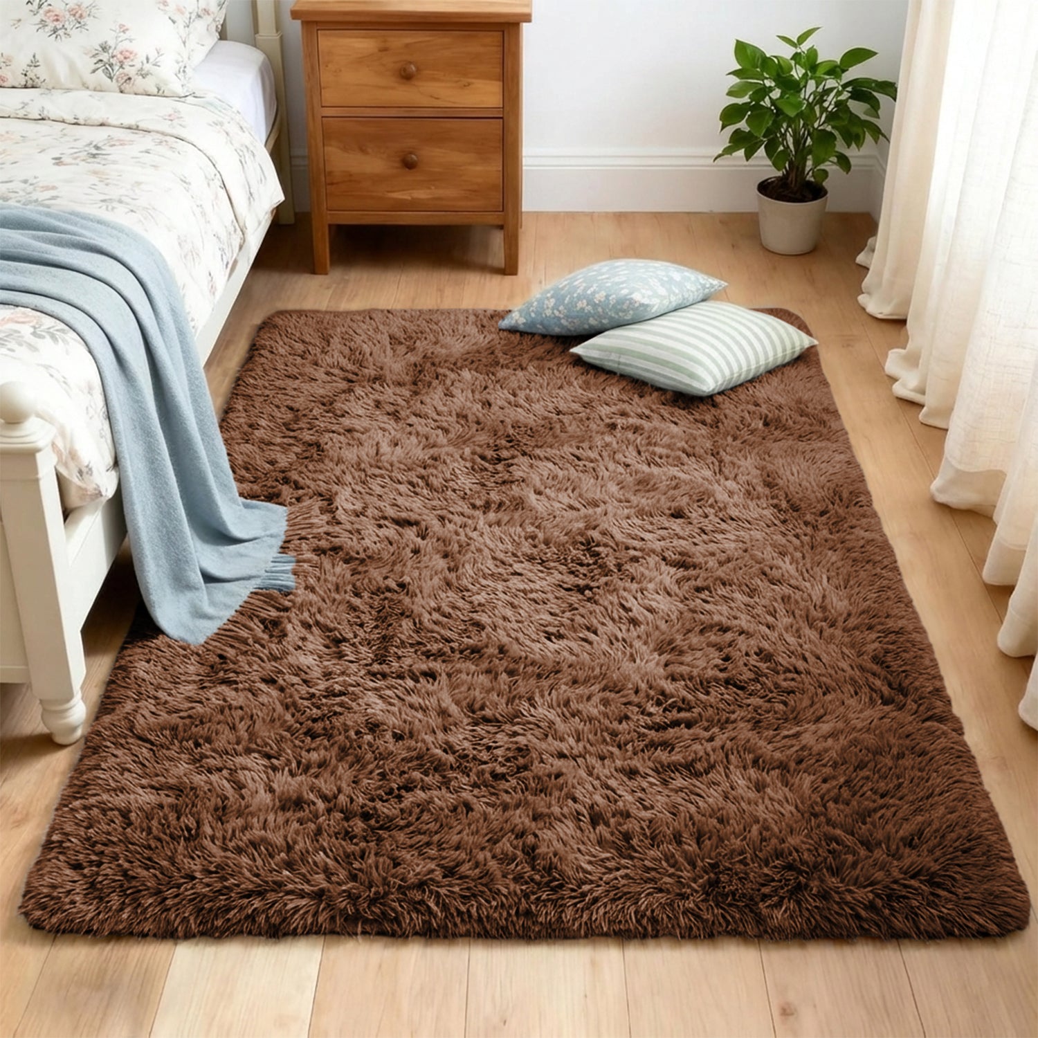 Brown Fluffy Rug Carpet - Large Shaggy Bedroom Rug