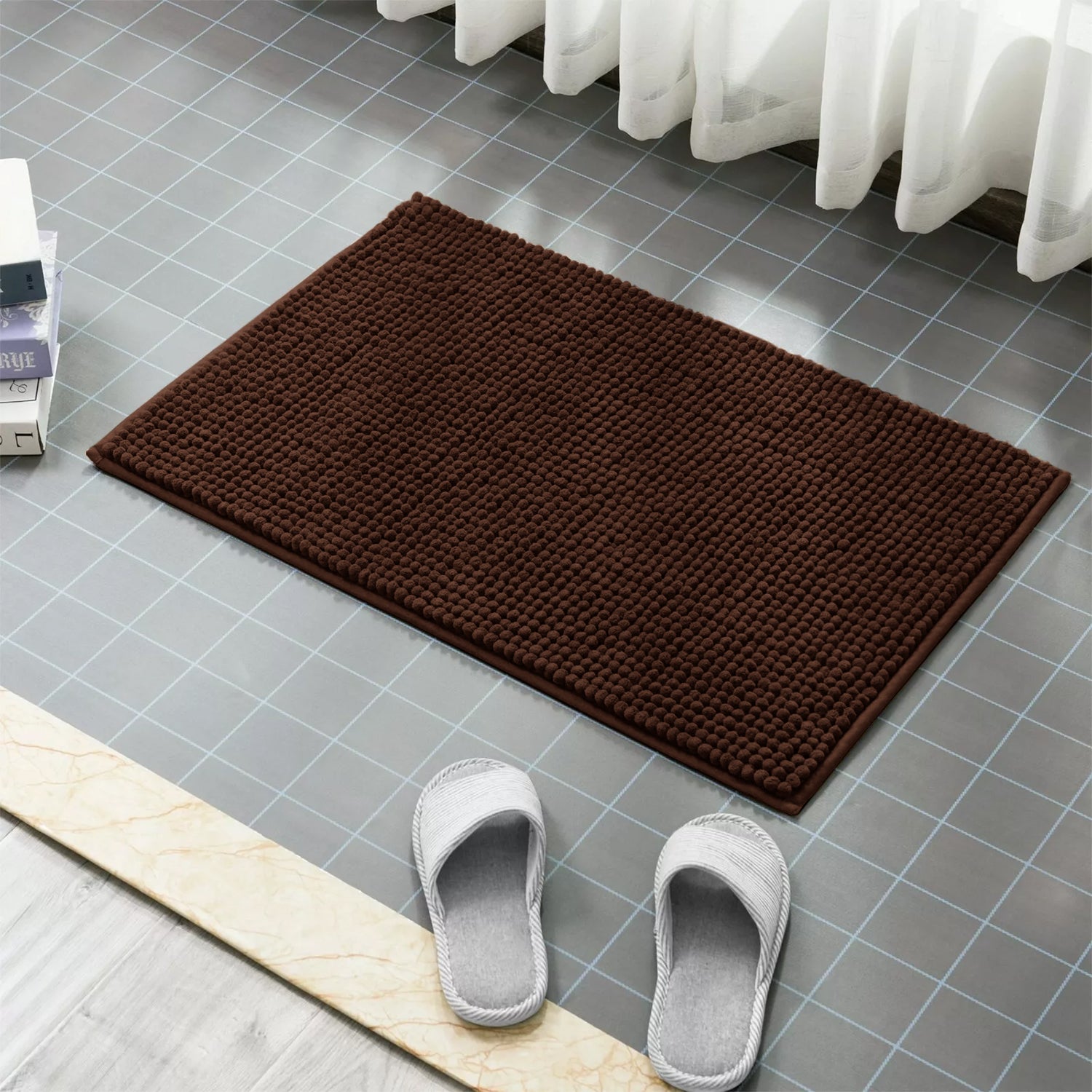 Soft Chenille Bath Mat Thick Absorbent Brown