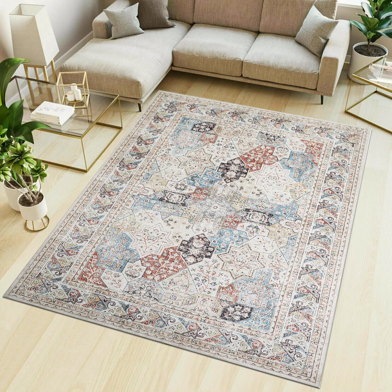 Beige & Blue Multi Mamluk Star Lattice Washable Vintage Area Rug