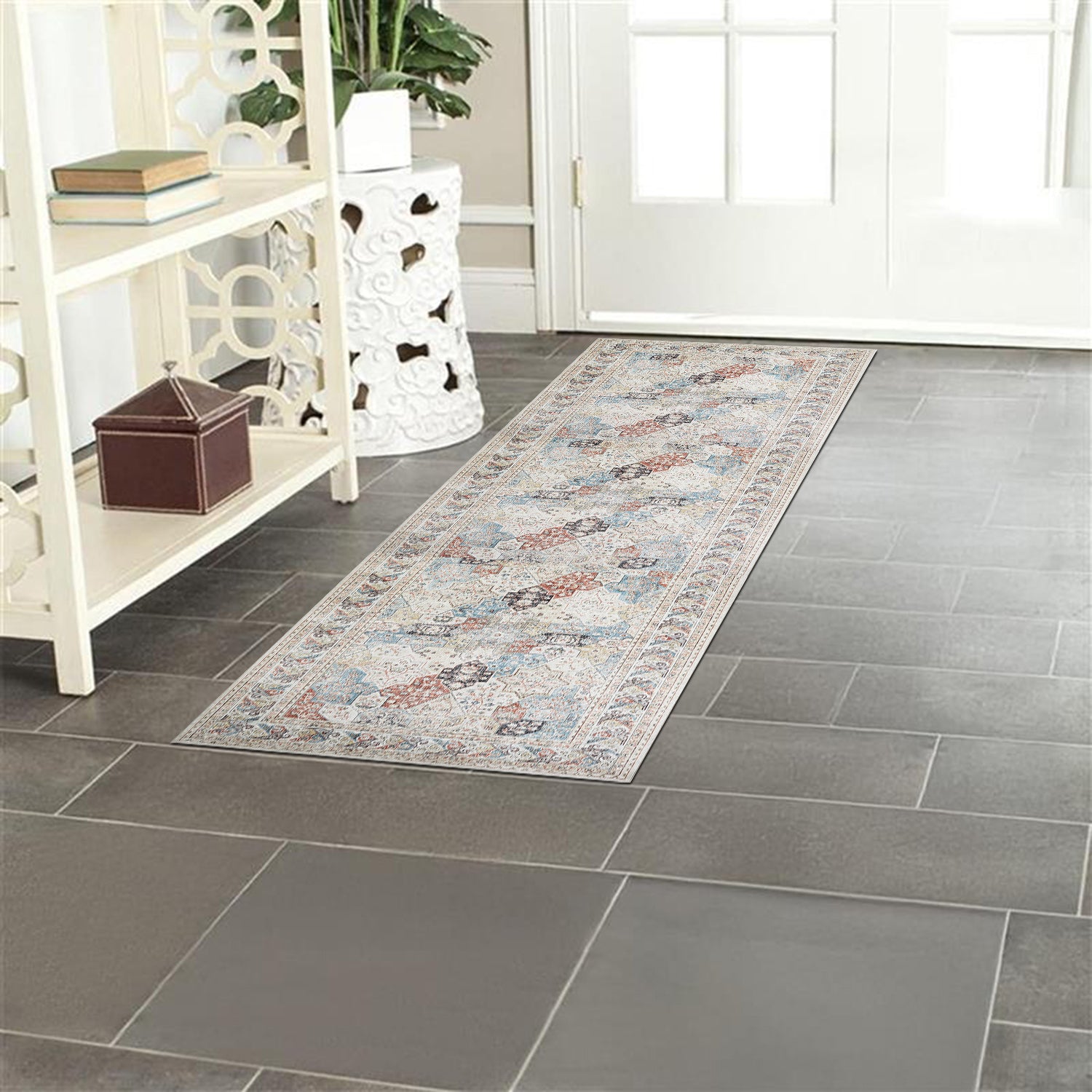 Beige & Blue Multi Mamluk Star Lattice Washable Vintage Area Rug
