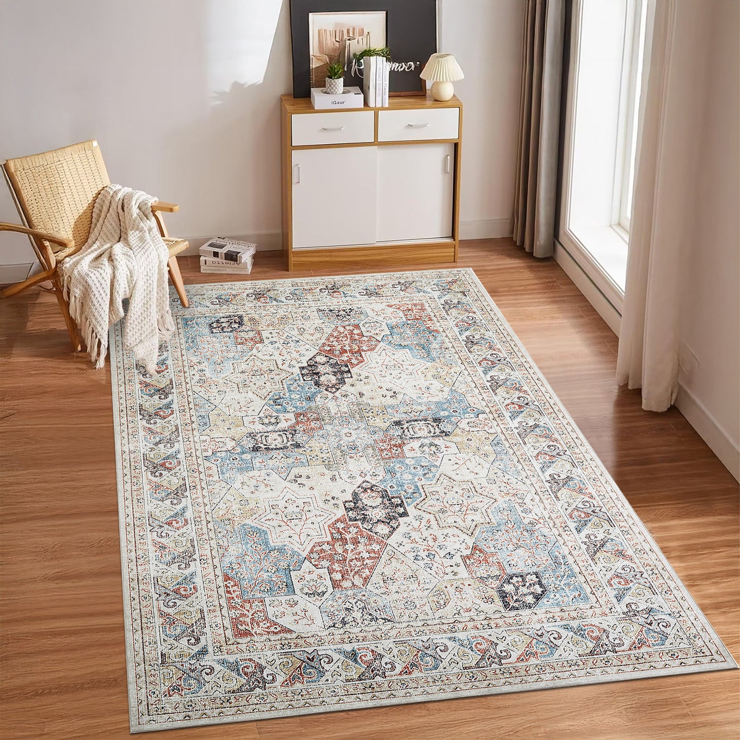 Beige & Blue Multi Mamluk Star Lattice Washable Vintage Area Rug