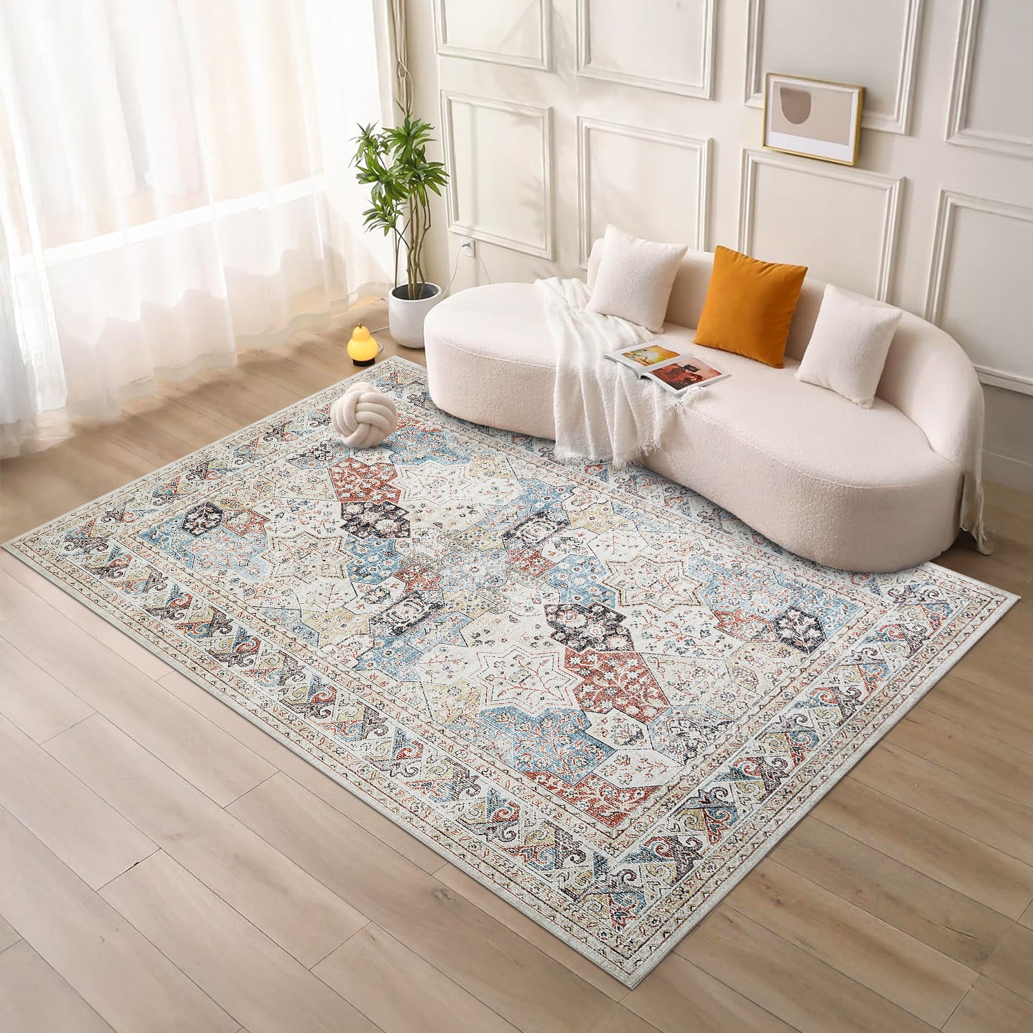 Beige & Blue Multi Mamluk Star Lattice Washable Vintage Area Rug