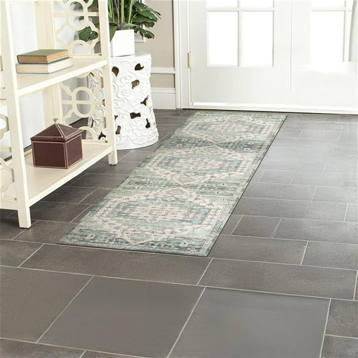 Sage Green Heriz Medallion Washable Rug - Vintage Distressed Persian Geometric Carpet