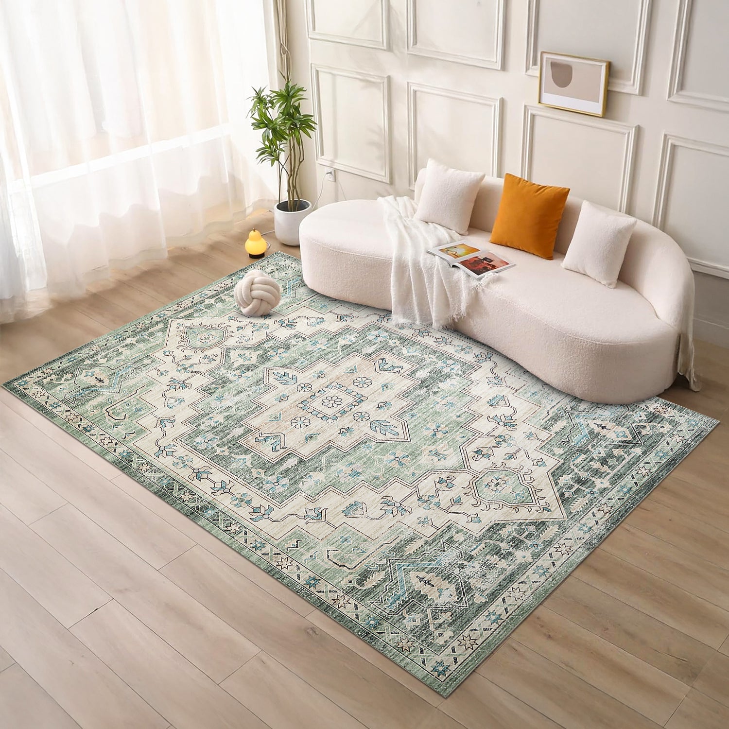 Sage Green Heriz Medallion Washable Rug - Vintage Distressed Persian Geometric Carpet