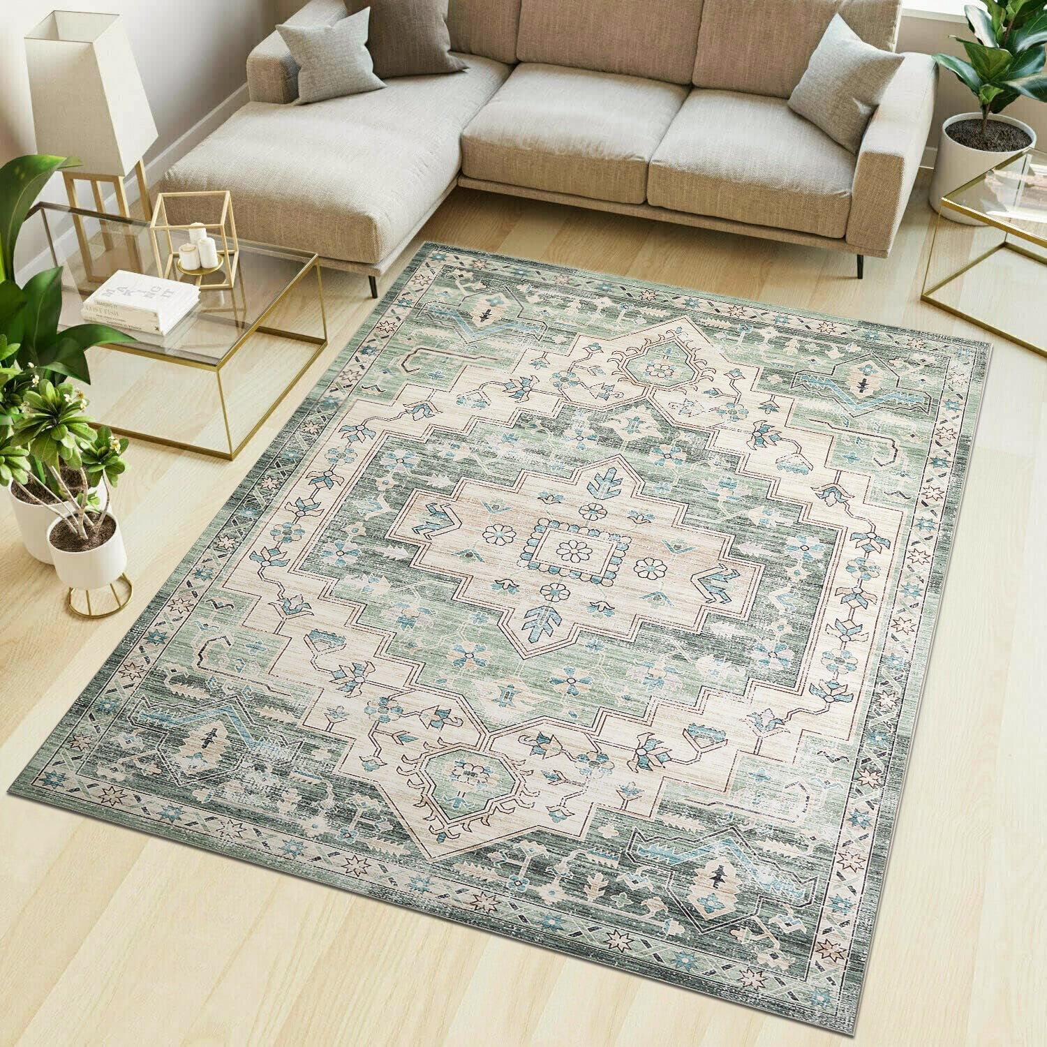 Sage Green Heriz Medallion Washable Rug - Vintage Distressed Persian Geometric Carpet