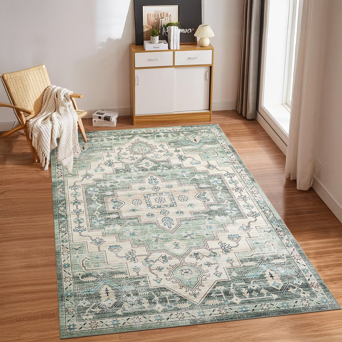 Sage Green Heriz Medallion Washable Rug - Vintage Distressed Persian Geometric Carpet
