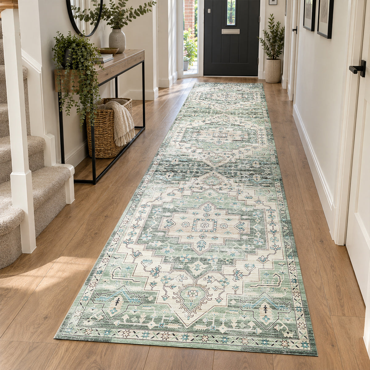 Sage Green Heriz Medallion Washable Rug - Vintage Distressed Persian Geometric Carpet