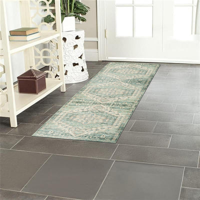 Sage Green Heriz Medallion Washable Rug - Vintage Distressed Persian Geometric Carpet