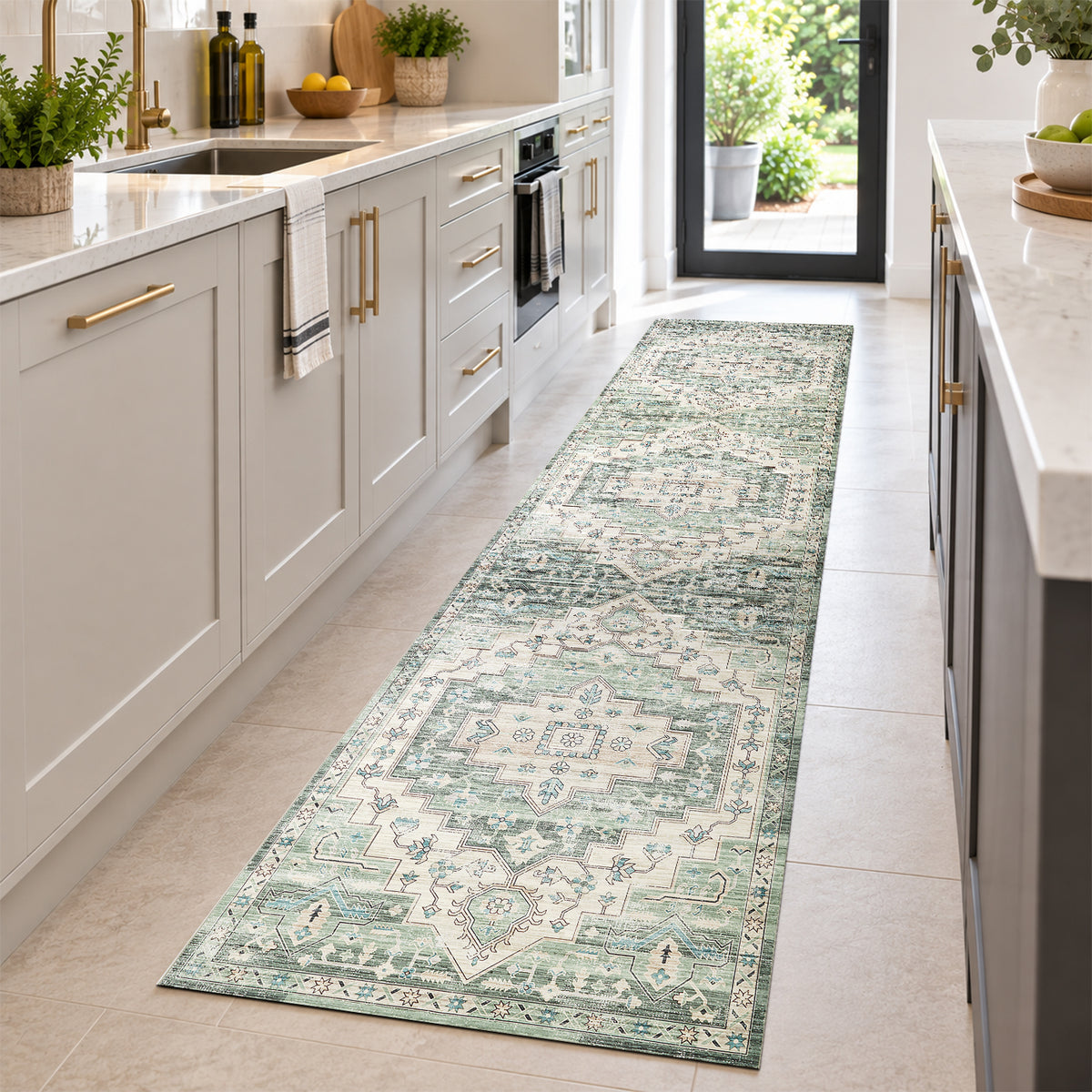Sage Green Heriz Medallion Washable Rug - Vintage Distressed Persian Geometric Carpet