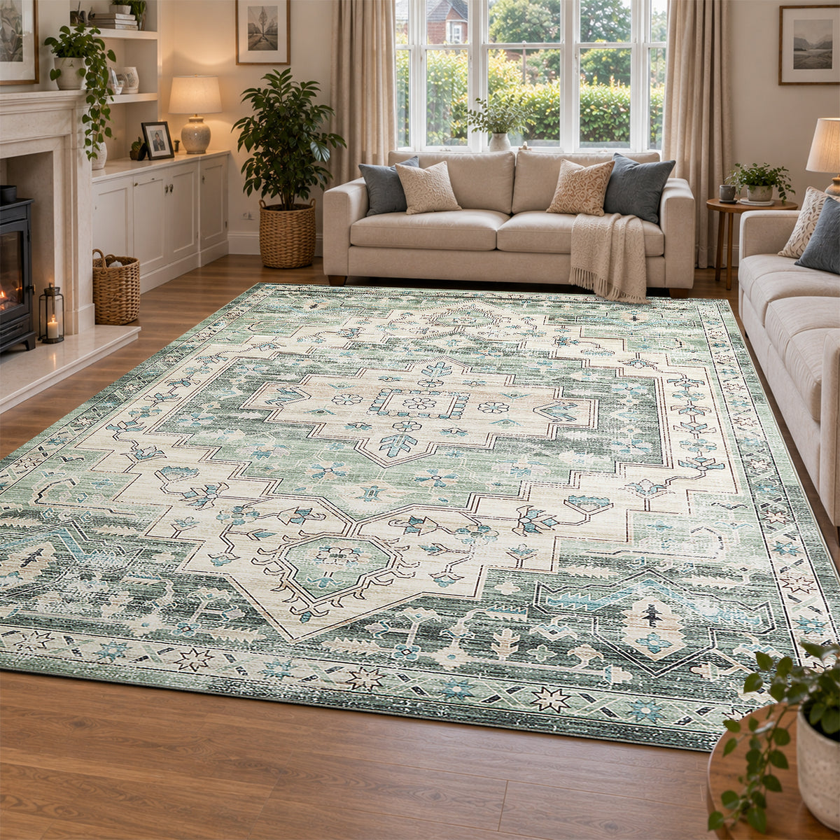 Sage Green Heriz Medallion Washable Rug - Vintage Distressed Persian Geometric Carpet