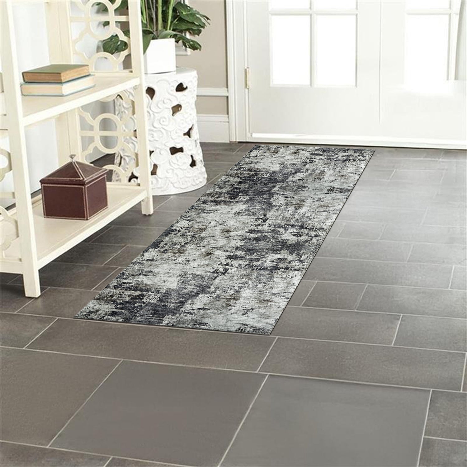 Grey Abstract Distressed Washable Rug - Modern Concrete-Effect Area Carpet