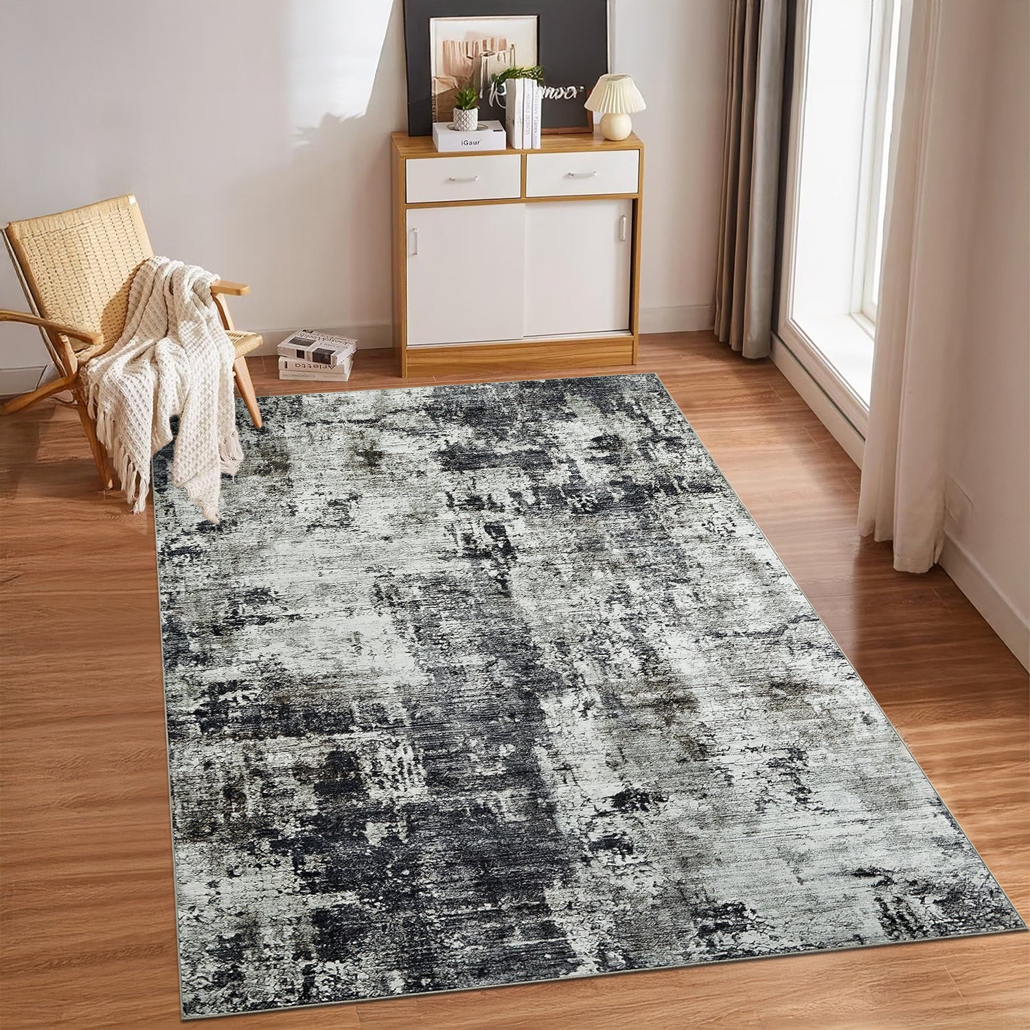 Grey Abstract Distressed Washable Rug - Modern Concrete-Effect Area Carpet