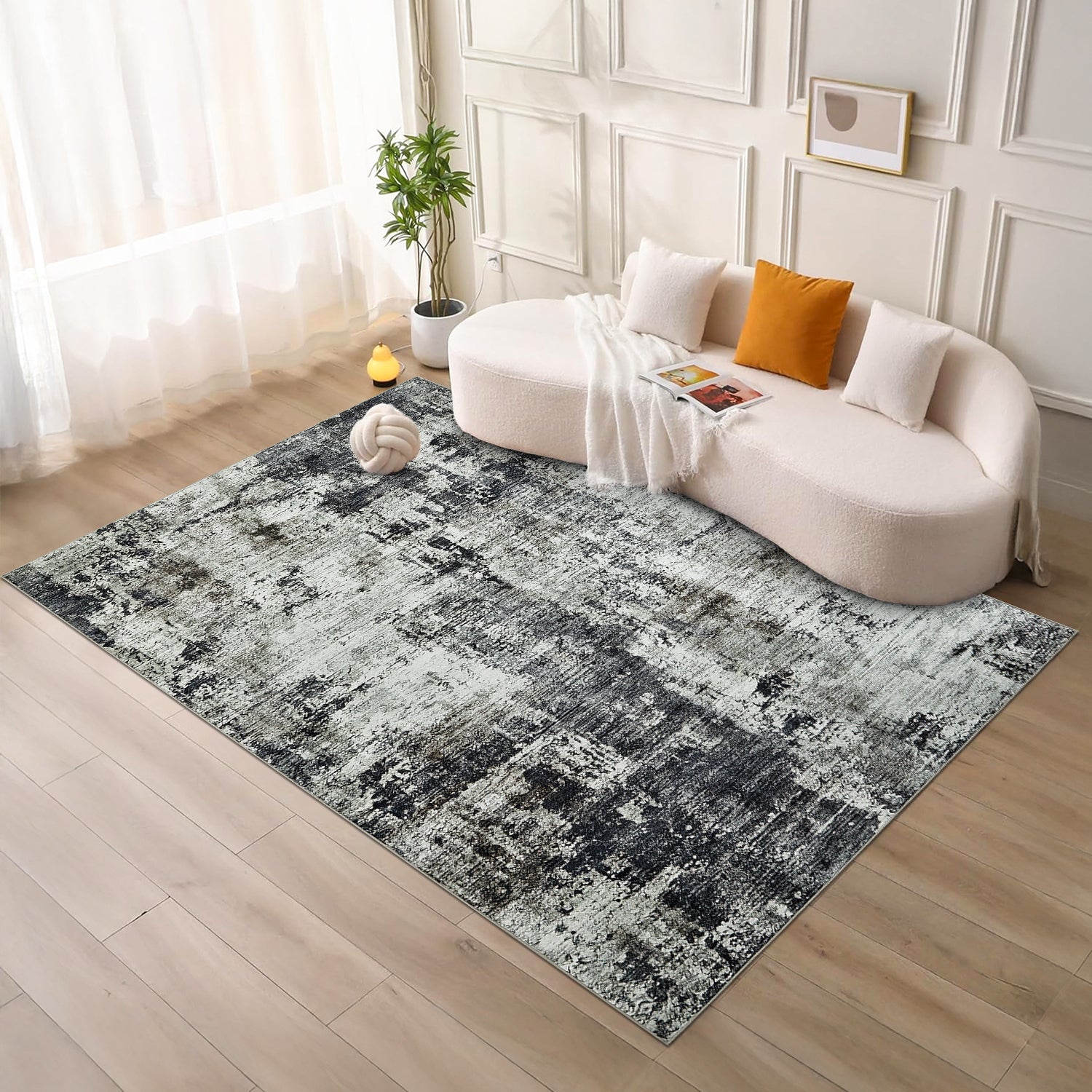 Grey Abstract Distressed Washable Rug - Modern Concrete-Effect Area Carpet
