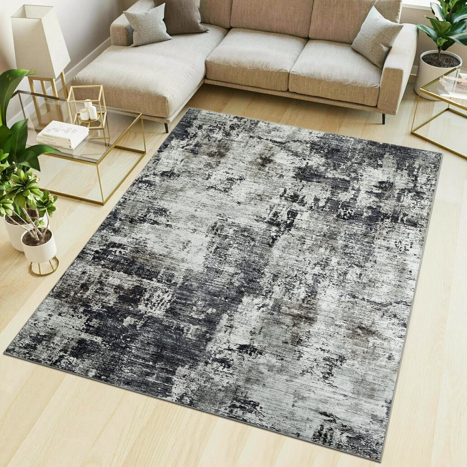 Grey Abstract Distressed Washable Rug - Modern Concrete-Effect Area Carpet