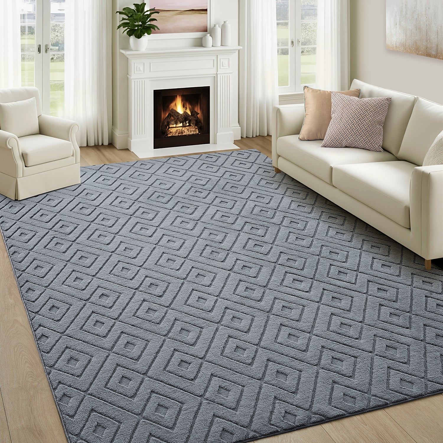 Hollow Square Geometric High-Low Pile Tufted Area Rug