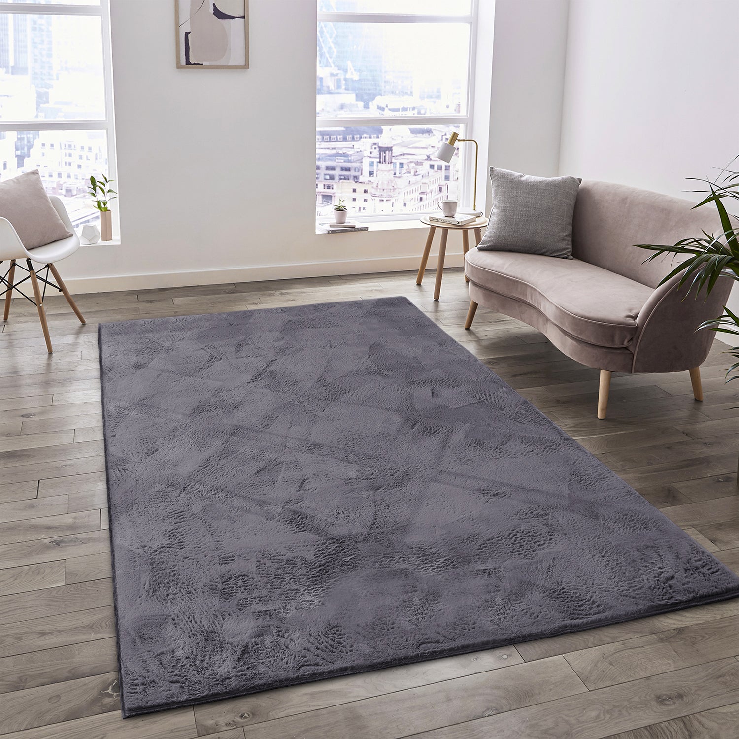Grey Rabbit Faux Fur Rug Fluffy Plush Bedroom Runner