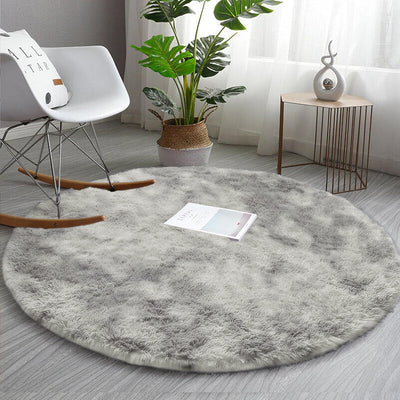 Light Grey Tie-Dye Round Fluffy Rug - Boho Shag Circle Carpet