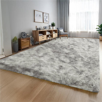 Light Grey Tie Dye Fluffy Rug - Soft Shaggy Carpet for Bedroom
