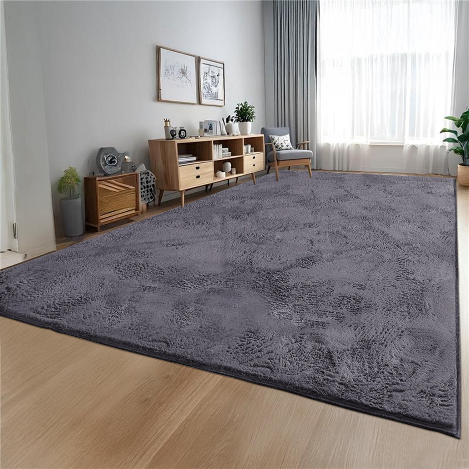 Grey Rabbit Faux Fur Rug Fluffy Plush Bedroom Runner