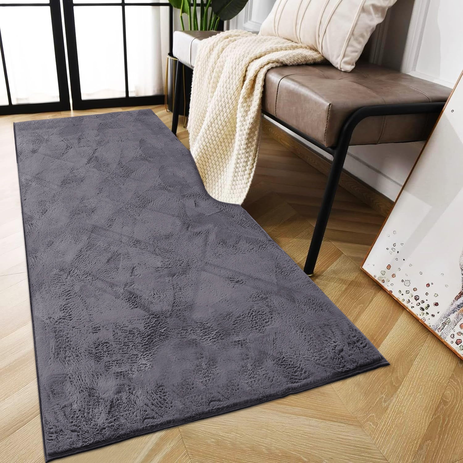 Grey Rabbit Faux Fur Rug Fluffy Plush Bedroom Runner