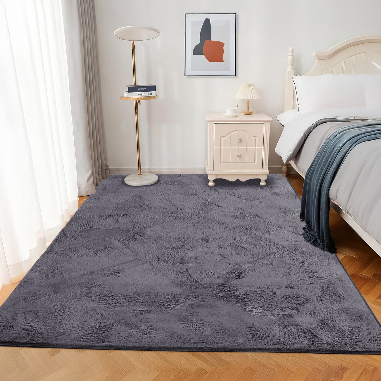 Grey Rabbit Faux Fur Rug Fluffy Plush Bedroom Runner