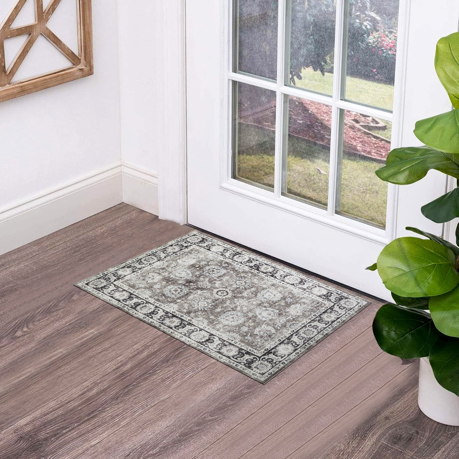 Charcoal & Brown Distressed Persian Floral Washable Rug - Traditional Border Carpet