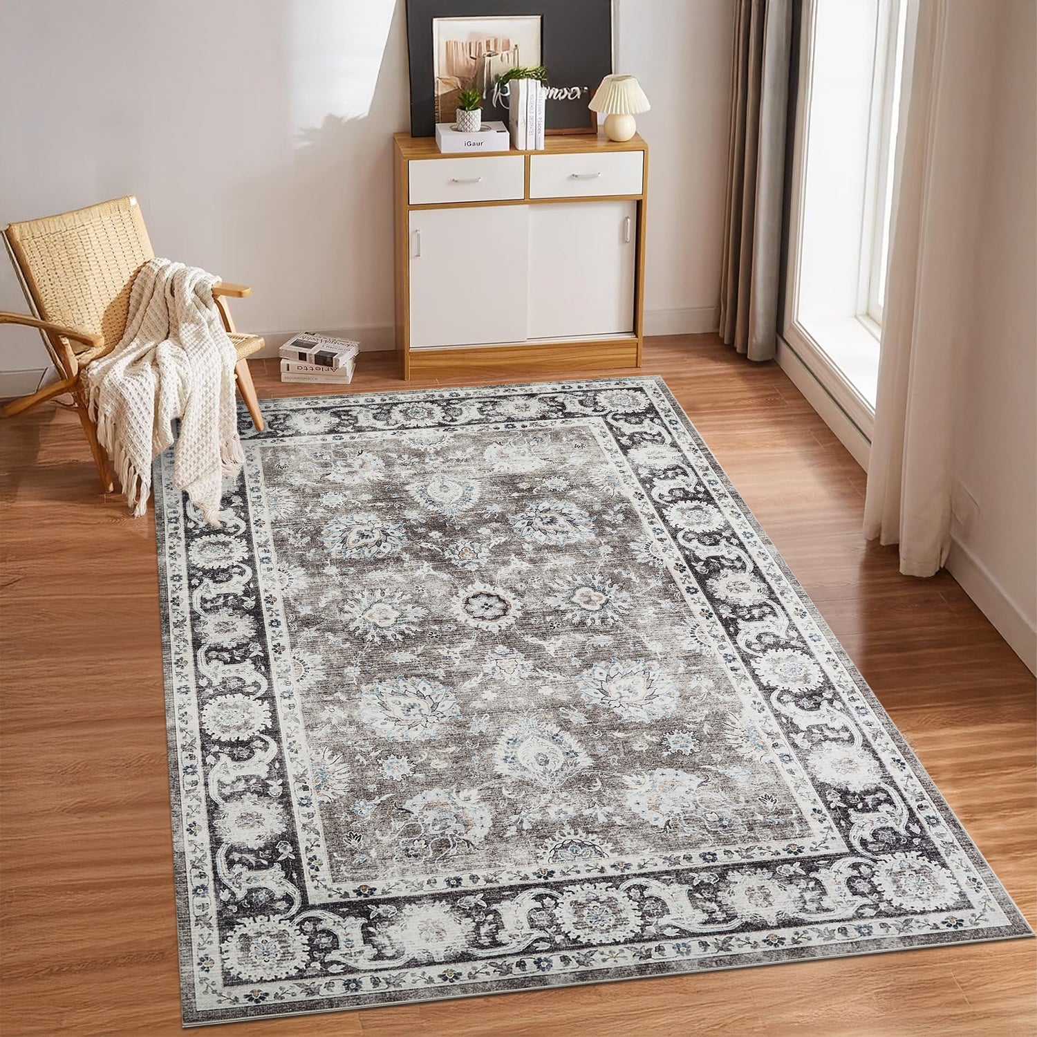 Charcoal & Brown Distressed Persian Floral Washable Rug - Traditional Border Carpet