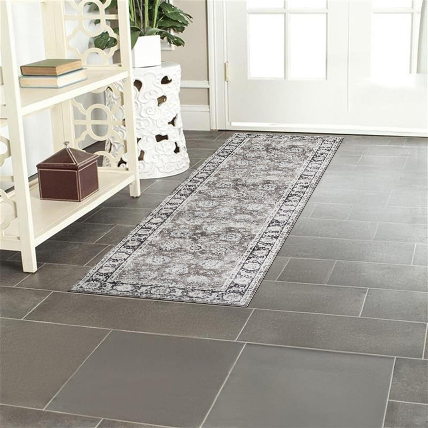 Charcoal & Brown Distressed Persian Floral Washable Rug - Traditional Border Carpet