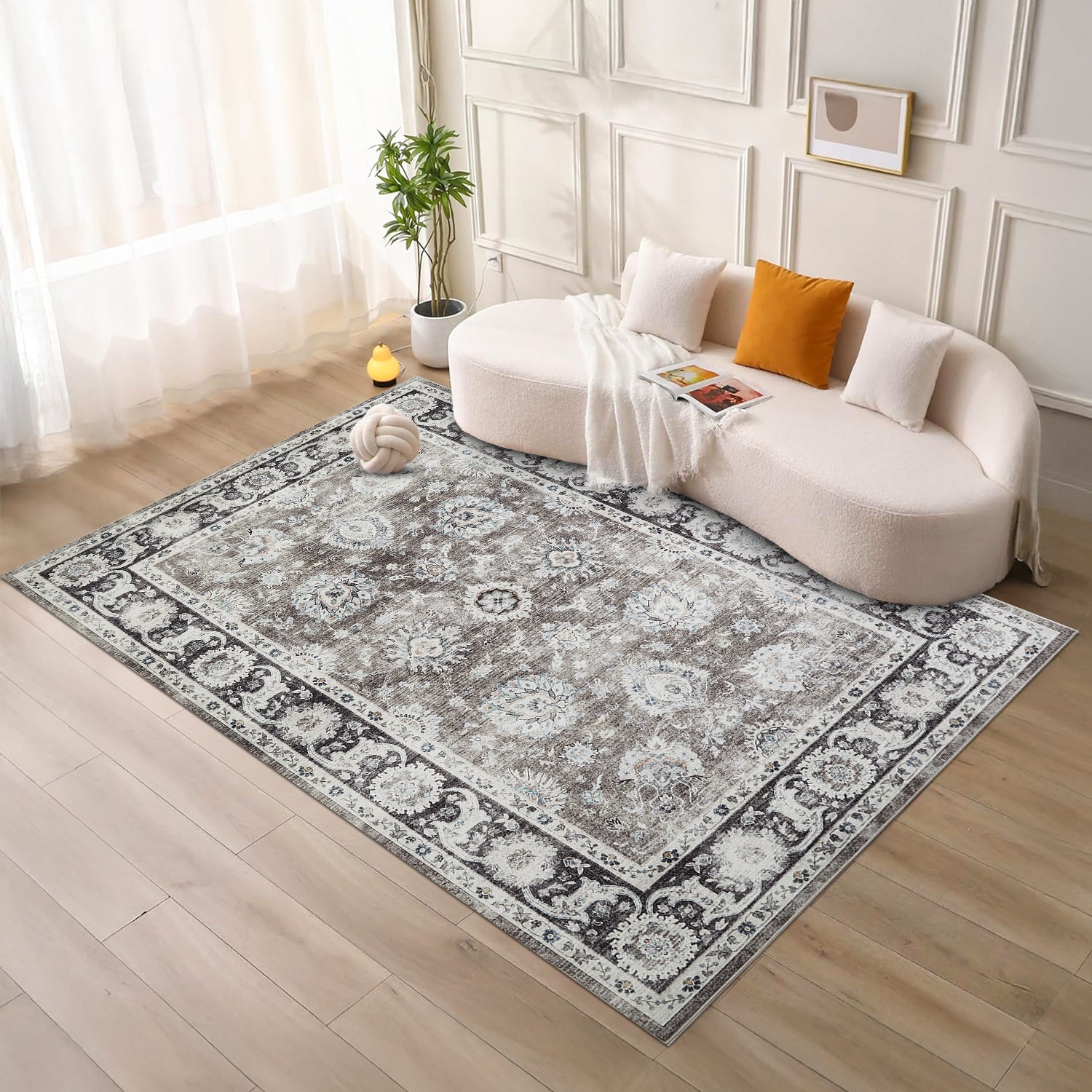 Charcoal & Brown Distressed Persian Floral Washable Rug - Traditional Border Carpet