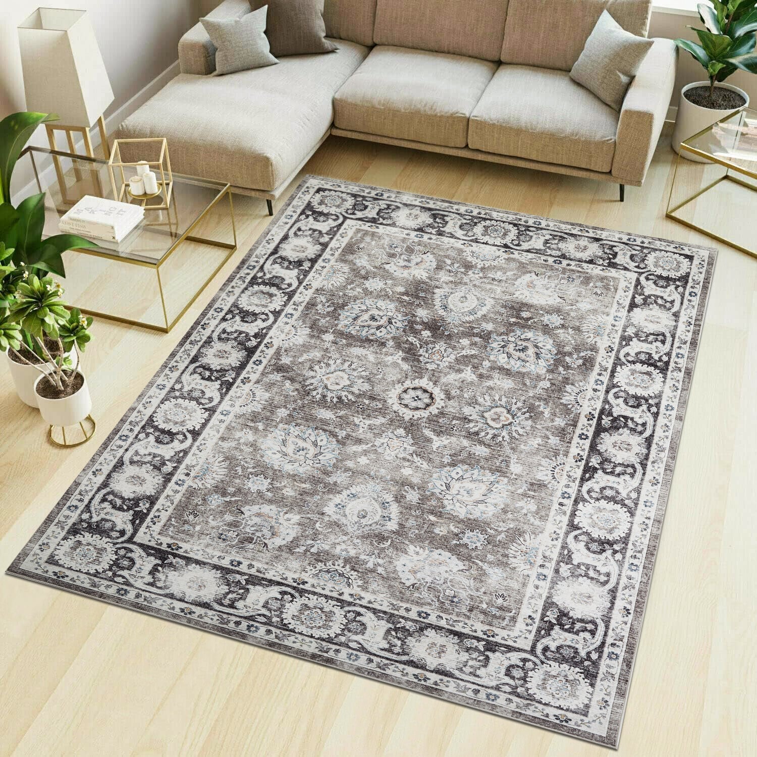 Charcoal & Brown Distressed Persian Floral Washable Rug - Traditional Border Carpet