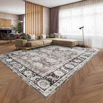 Charcoal & Brown Distressed Persian Floral Washable Rug - Traditional Border Carpet