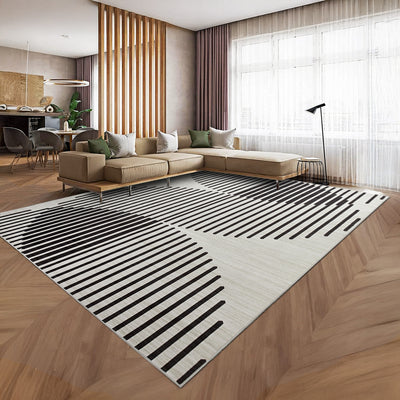 Black & Ivory Abstract Line Rug - Modern Minimalist Living Room Carpet
