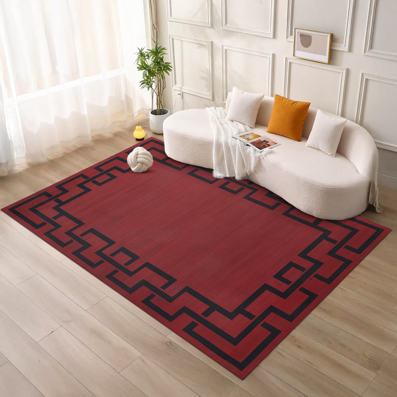 Maroon & Black Greek Key Border Rug - Large Modern Carpet for Hallway & Lounge