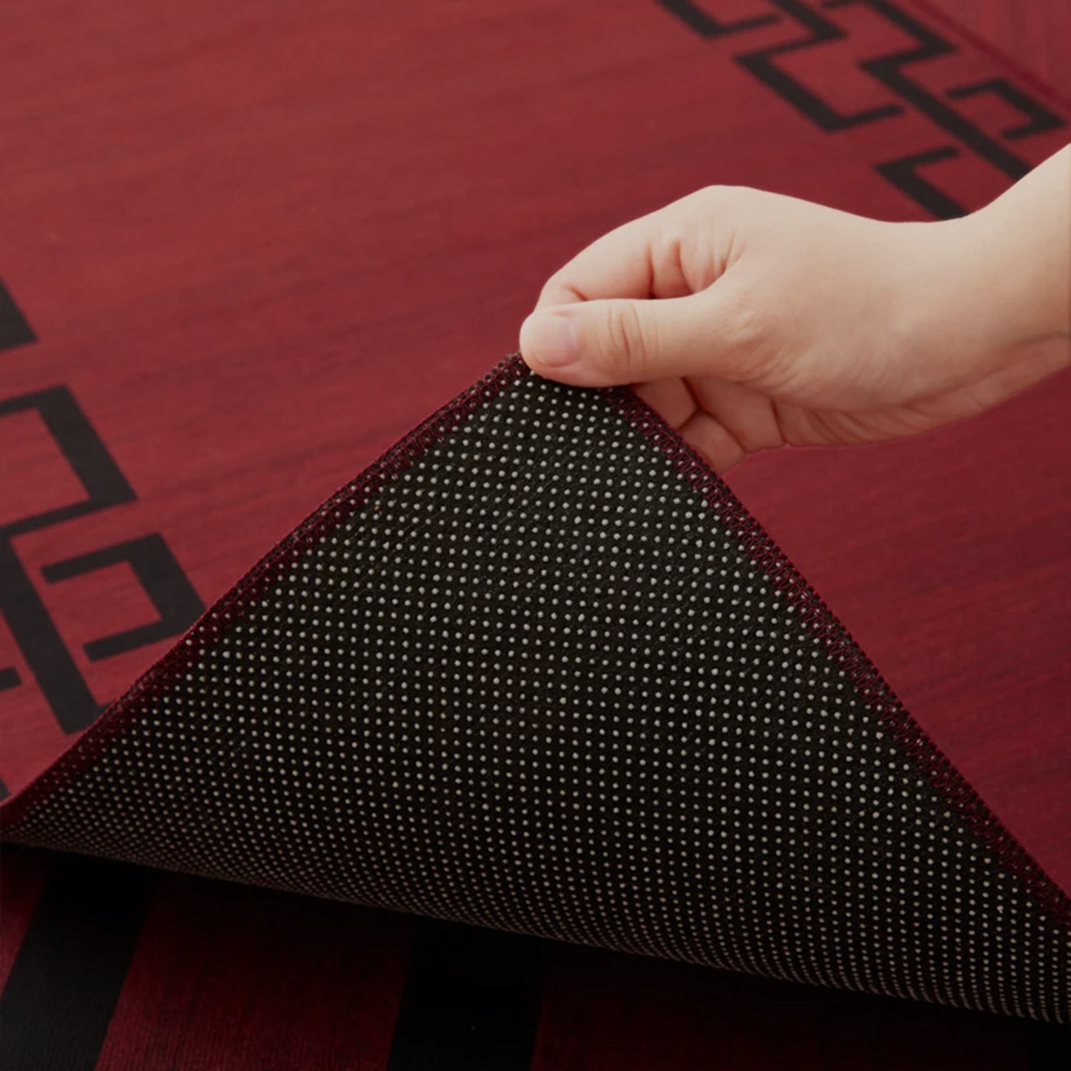 Maroon & Black Greek Key Border Rug - Large Modern Carpet for Hallway & Lounge