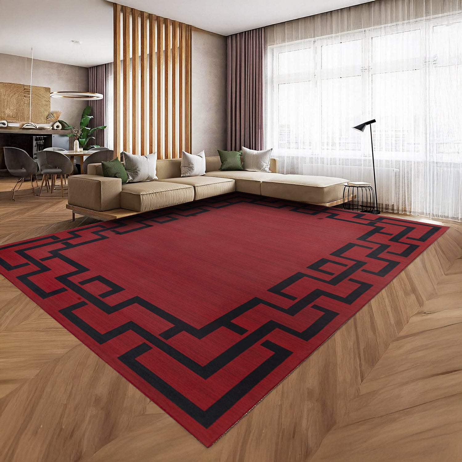 Maroon & Black Greek Key Border Rug - Large Modern Carpet for Hallway & Lounge