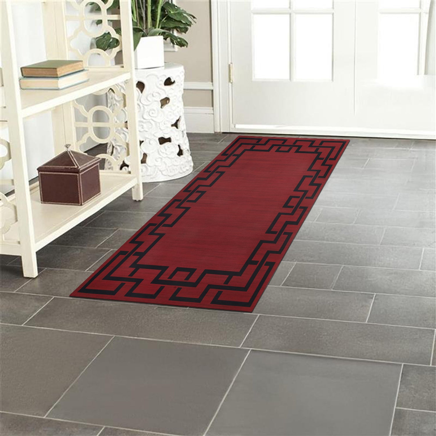Maroon & Black Greek Key Border Rug - Large Modern Carpet for Hallway & Lounge